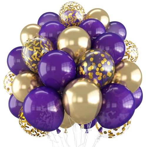 Image of Purple and Gold Balloons, 60 Packs 12 Inch Dark Purple and Gold Confetti Metallic Party Balloons with Ribbons for Girls Women Birthday, Wedding, Graduation Decoration