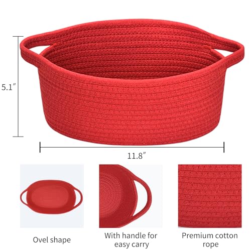Image of ABenkle Small Basket with Handles, Boho Decorative Rope Woven Dog Cat Toy Storage Bin Shelf Storage Organizer, Easter Christmas Gift Basket, 12 inchx8 inchx5 inch