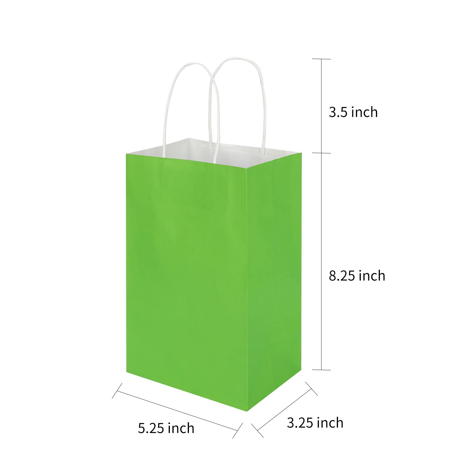 100 Pack 5.25x3.25x8.25 Inch Small Grass Green Kraft Paper Bags with Handles Bulk, Toovip Gift Wrap Bags for Favor Grocery Retail Party Birthday Shopping Business Goody Craft Merchandise Takeout Sacks