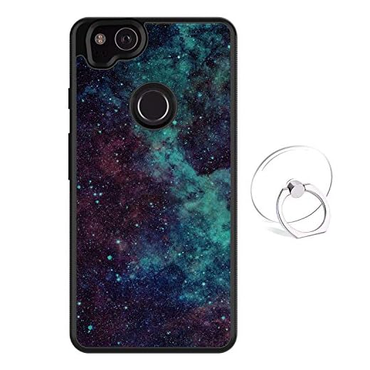 Dynippy Compatible Google Pixel 2 Case Non-Slip Shockproof Protection Plastic Silicone Rubber Hybrid Protective with Transparent Phone Ring Holder - Galaxy Space