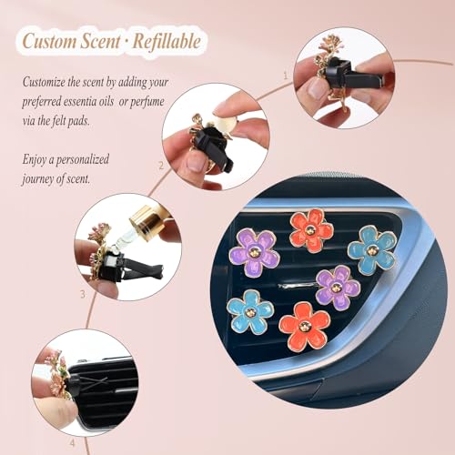 Image of ORIESSE 6pcs Flower Car Air Freshener Vent Clips,Purple Orange Blue Daisy Flowers Air Vent Clip Car Accessories for Women 3.3cm /3cm Flower Girly Vehicle Decor,Refillable Diffuser