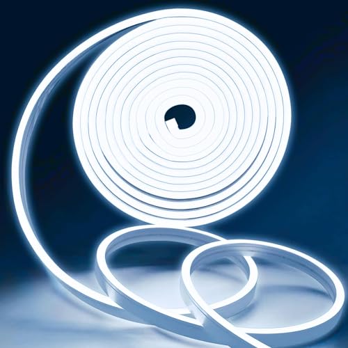 Image of White Led Strip Lights, 16.4ft /5m Neon Light Strip, 12V Flex Waterproof Neon LED Strip Silicone LED Neon Rope Light for Kitchen Bedroom Indoor Outdoor Decoration(Power Adapter not Included