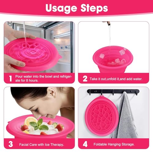 Image of (1 pic Hook) with Silicone Face Bowl for Ice with Built-in Icetray, Collapsible Face Tub for Ice Bath, Facial Ice Plunge Bowl, Ice Water Facials at Home (Rose Hook)