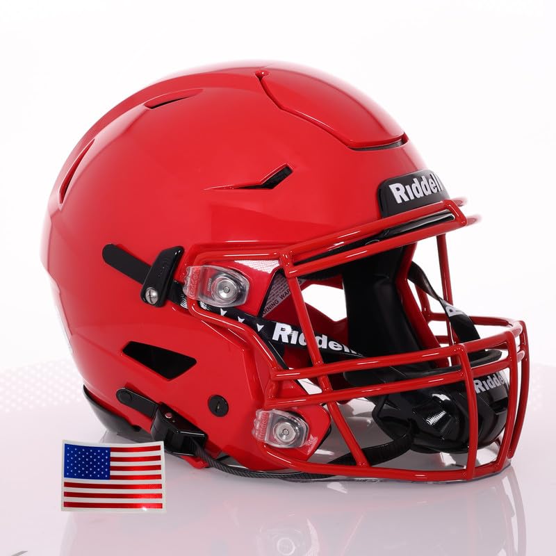 Green Gridiron - Riddell SpeedFlex Adult w/Scarlet SF-2BD Facemask + Chrome US Helmet Flag Decal (Scarlet Helmet, Large Helmet)