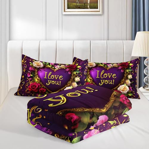 Image of QOOMO 3Pcs Flower Print Comforter Set Queen Size,Cute Plants Bedding Set for Teens Boys Girls,Purple Comforter with 2 Pillowcases,Soft and Lightweight