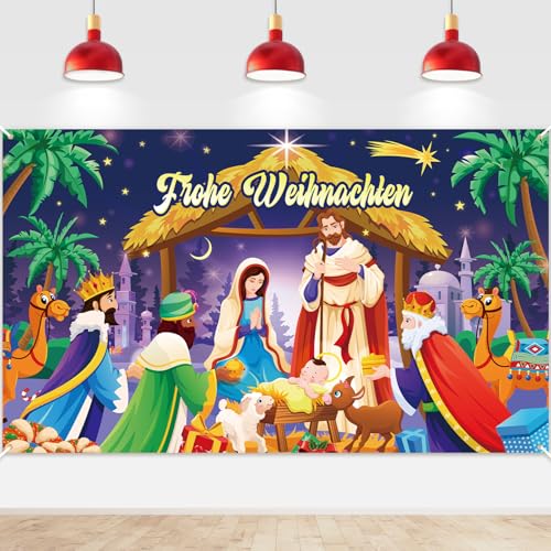 DPKOW Banner Krippe Weihnachten Deko Frohe Weihnachten Hintergrund Banner für Weihnachtskrippe Deko zum Innen Außen, Christliche Jesus Heilige Drei Könige Figuren, 185 * 110 cm