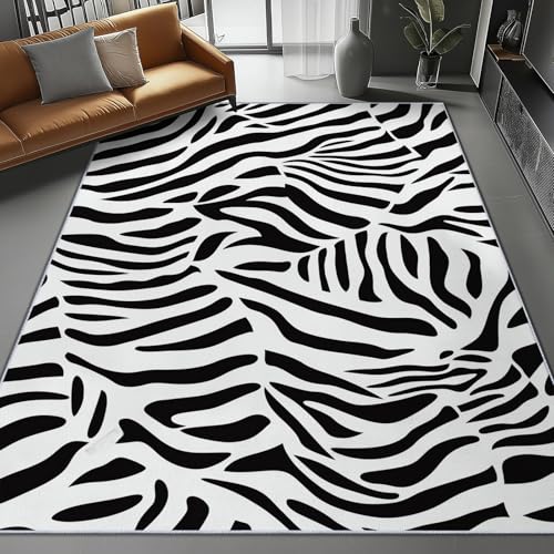 Alfombra En Blanco Negro Salon Pelo Corto 160 x 230 cm, Antiincrustante Alfombra Abstracto Animal Cebra Estampado, Alfombras Lavables para Salon Comedor Habitacion
