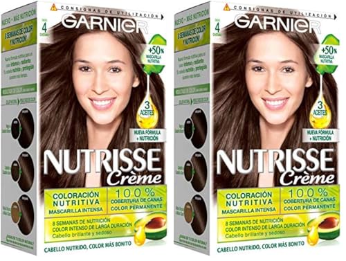 Garnier Nutrisse Creme Coloración Nutritiva Permanente, Tinte 100 por ciento Cobertura de Canas con Mascarilla Nutritiva, Color Castaño, 1 Unidad (Paquete de 2), El ambalaje puede variar