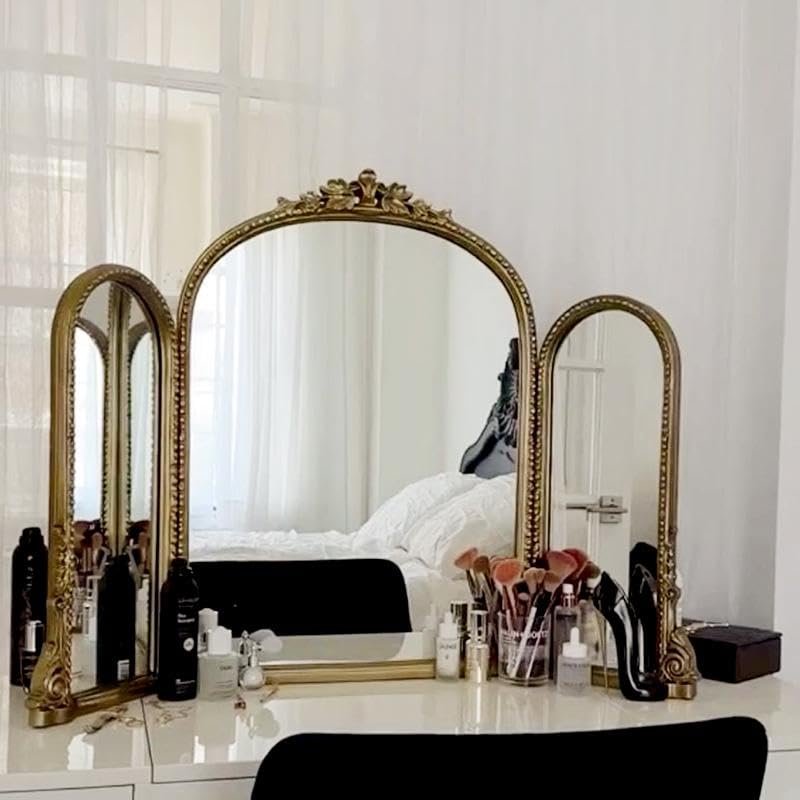 Amazon.com: QIUPAI Trifold Vanity Mirrors 3 Way,Gold Arched Mirror Vintage  Antique Baroque Mantel Mirror with Ornate Metal Frame, Victorian Dress Wall  Mirror for Entryway/Fireplace/Li 100x70cm : Home & Kitchen