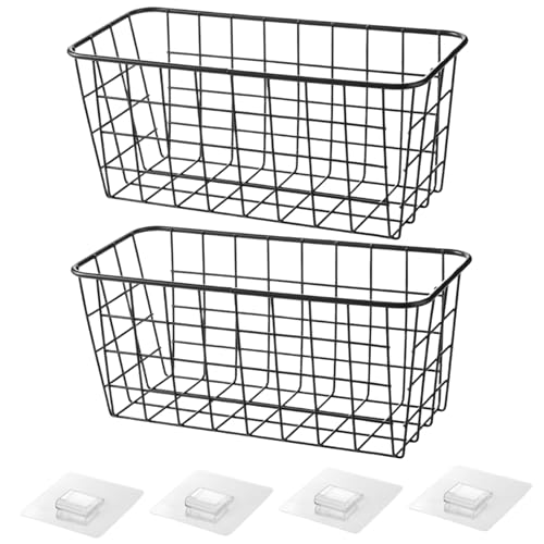 Baobiutin Cestas Colgantes para organizar 2 Piezas Cesta de Pared sin perforación con Cinta Adhesiva Alambre de Hierro Resistente 11x4, 7x4, 3 para gabinete Cocina Baño Cesta de Pared
