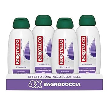 Borotalco Bagnodoccia Rilassante Lavanda e Iris, Bagnoschiuma Corpo, Formula Rilassante, Relax Assoluto, Effetto Borotalco sulla Pelle, 4 Flaconi da 600 ml - Esclusiva Amazon