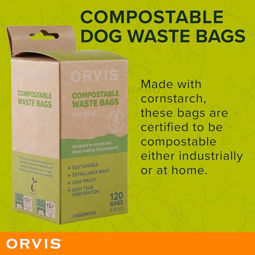 Image of Orvis Compostable Waste Bags for Dogs, Extra Large, Unscented Green Dog Poo Bags, 8 Rolls, 120 Bags Total | Compostable Doggy Bags Made from Cornstarch, 9in x 14in