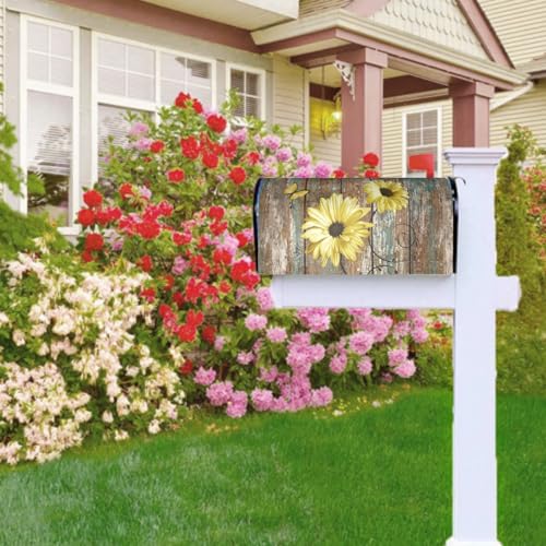Image of Rustic Daisy Board Mailbox Cover Magnetic, Yellow Sunflowers Vintage Wood Grain Plank Mailbox Wrap Letter Post Box Cover for Yard Garden Outside Home Decor, Standard Size 21x18 Inch