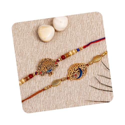 Image of eCraftIndia Set of 2 Kundan Beads Beautiful Peacock Designer Rakhis with Roli Chawal Pack