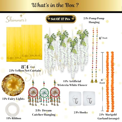 Image of Shimmers Decoration Kit Set of 17 Pcs, Yellow Net Curtains with Artificial Wisteria Flowers, Marigold Garland, Dream Catcher Hanging and Hooks for Ganpati Decoration Home Decor Setup