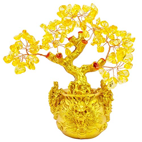 Crystal Fortune Tree, Gold Money Tree Feng Shui Ornament for Bringing Wealth, Luck, Prosperity, Success, Crystal Money Tree Feng Shui Bonsai Decoration for Home, Office (Yellow)