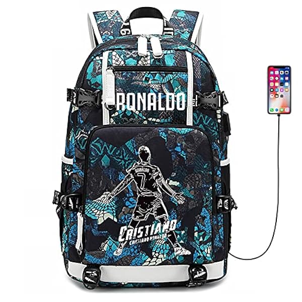 Lorh's store Jugador de fútbol Estrella C-ristiano Ronaldo Mochila multifunción C-R7 Estudiante de Viaje Mochila fanáticos del fútbol Mochila para Hombres Mujeres (Azul Claro - Patrón 3)