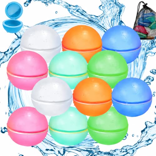 12Pcs Reusable Water Balloons Water Bombs Set of 12 Silicone Splash Balls with Secure Snap Lock Outdoor Garden Play Water Toys for Summer Fun Multi-Colour Pack with Storage Mesh Bag