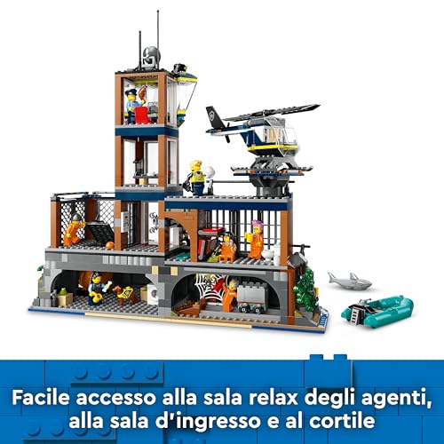 City Prigione sull’Isola della Polizia, Giocattolo ricco di Funzioni con Elicottero, Barca, Gommone da Costruire, 7 Minifigure, Cane e Squalo, Giochi per Bambini e Bambine da 7 Anni in su 60419 - Lego - Immagine 3