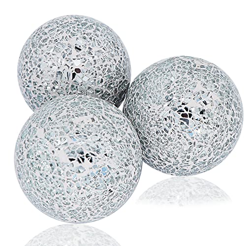 Kesywale 4 Inch Mosaic Sphere Balls Set of 3 Decorative Glass Balls Decorative Orbs Table Centerpiece Balls for Bowls Filler Vases Dining Coffee Table Decor (White)