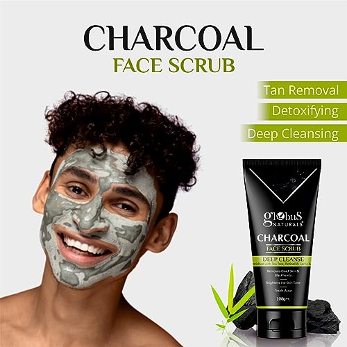Image of Globus Naturals Anti Pollution & Anti Acne Charcoal Face Scrub, Detox & Deep Cleanse Formula, Fights Pollution and De-Tans skin, For Men with Oily & Acne Prone Skin, 100 gms