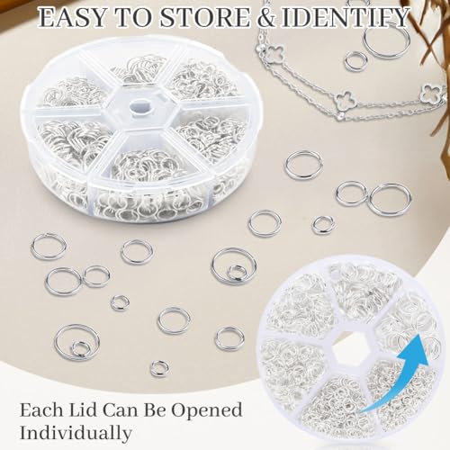 Flintronic Jump Ringe Spaltringe, 970 Stück Metall Sprungringe Set, 4/5/6/7/8/10mm Biegeringe, Spaltringe Schmuckherstellung, Metall Kettenringe, DIY Sprung Ringe für Armbänder Halskette (Silver)
