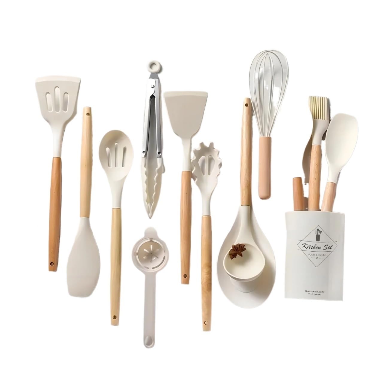 Lot de 14 ustensiles de cuisine en silicone, ustensiles de cuisine blancs, ustensiles de cuisine de sécurité avec seau de rangement, anti-adhésifs (blanc)