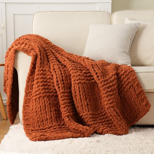 Chunky Knit Throw Blanket for Couch, Rust Throw...