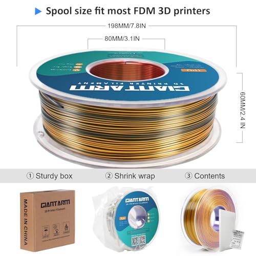 Image of GIANTARM Silk PLA 3D Printer Filament, Tri-Color 3D Printing PLA Filament 1.75mm, Shiny Silk PLA, Dimensional Accuracy + /- 0.03 mm, 1kg /2.2lbs (Purple+Gold+Black)