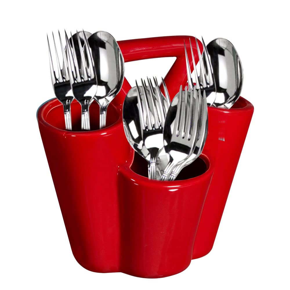Farmhouse Decor 4 Section Ceramic Silverware Holder - Flatware and Cutlery Caddy - Kitchen Table Organizer (Red)
