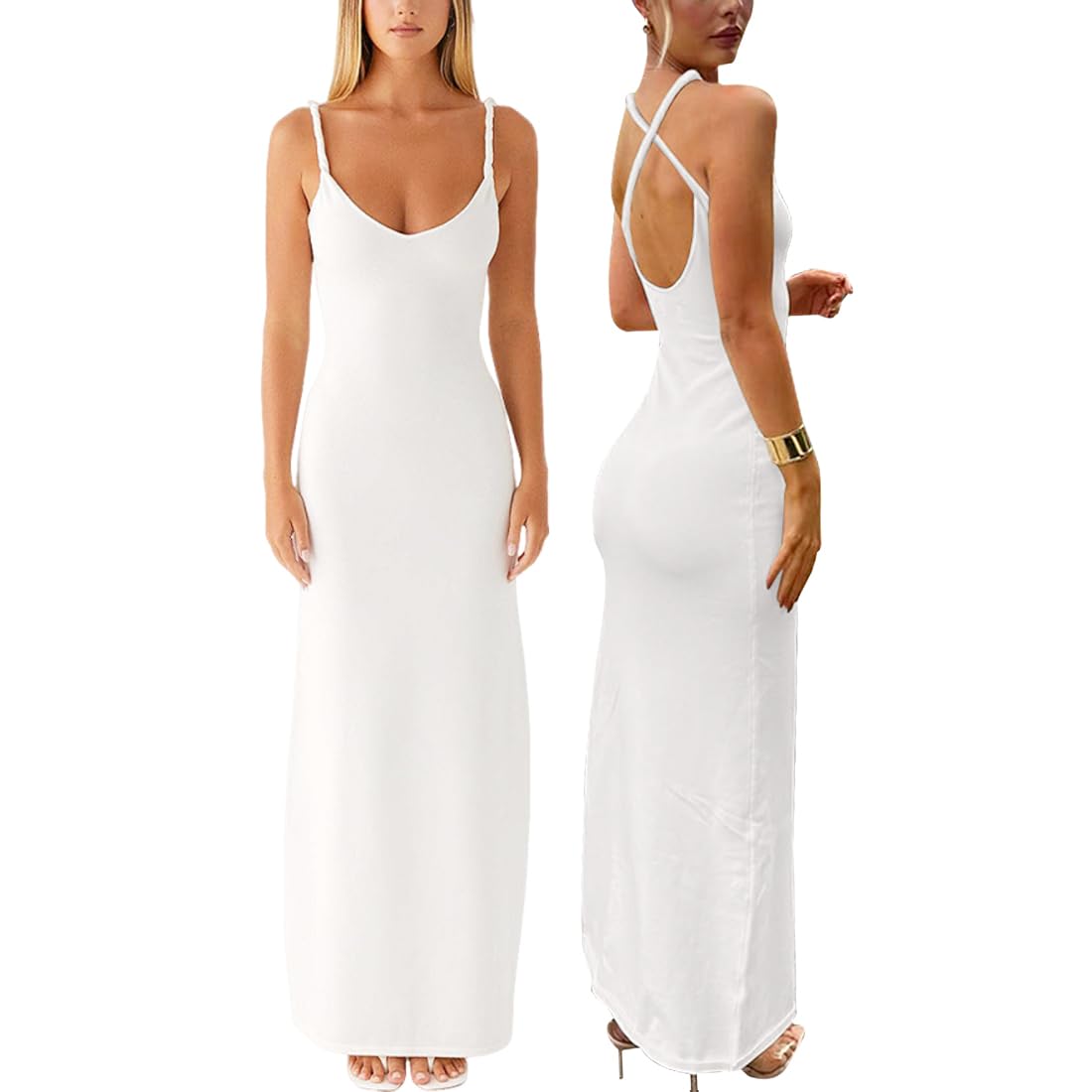 Vestito Lungo Donna Sexy Spaghetti Strap Maxi Abito Senza Maniche Elegante Senza Schienale Lunghi Vestito Aderente Estivo Casual Abito da Cocktail Party Festa Sera Cerimonia Club