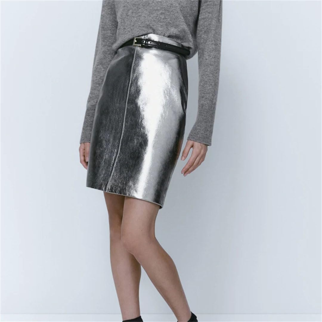 Damska skórzana srebrna spódnica midi Slim Fit Metal Gloss Brillant Sheepskin Short Wrap
