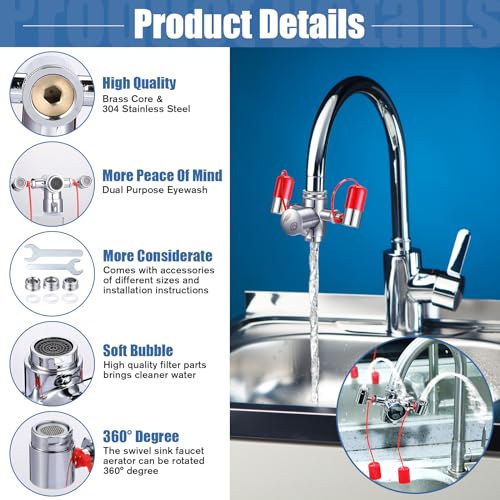 Image of TrelaCo Eye Wash Kit, Faucet Mounted Emergency Eye Wash Station with Cover Sink Attachment, 1 Continuous Flow Eyewash Station, 3 Adapters, 1 Inspection Tag, 1 Sign for Lab, Factory, Industry and Home