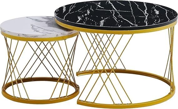 Image of Brown Art SHOPPEE Home Decor Furniture Round Coffee Table Sets,2 Piece MDF Top Couch Table,Stacking Nesting Table with Iron Frame for Living Room Living Room or Lounge (Gold & Black,White)