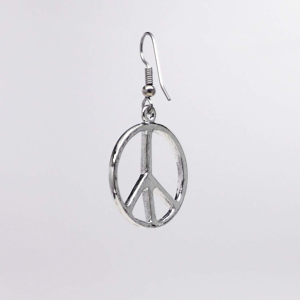 Hippie Peace Sign Dangle Earrings Polished Silver Finish Pewter - Image 4