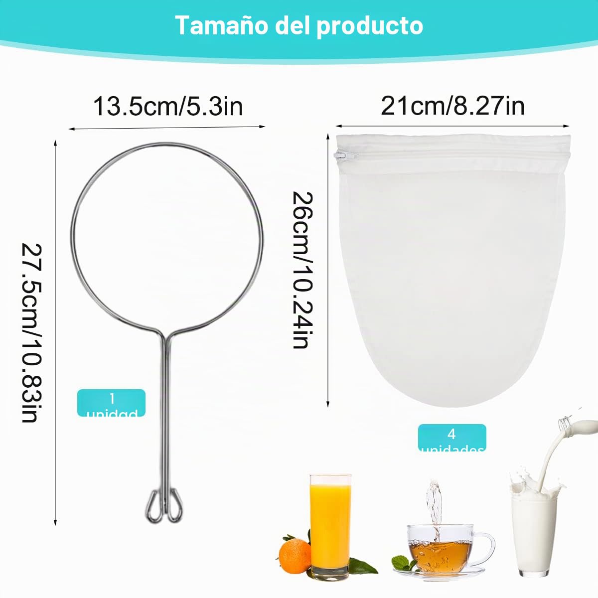 4 Piezas Bolsa de Leche de Nuez Reutilizable, Paño de Filtro Algodón, con Cremallera y Aanillo Acero, Bolsa Colador de Malla Fina, para Bebida Vegetal, Zumos Batidos de Frutas Verduras, Leche Vegetal