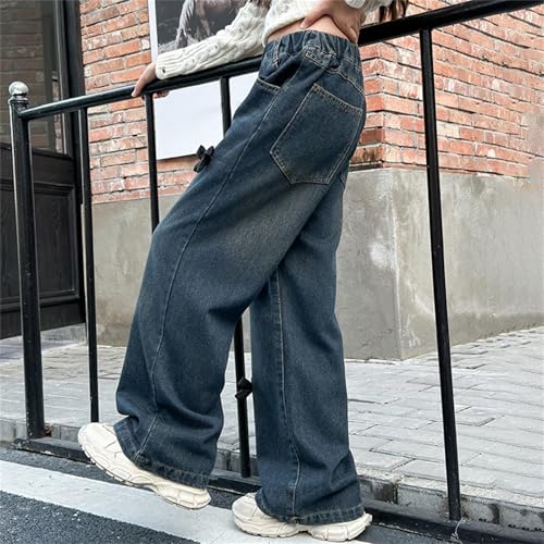 BILIKEYU Teens Girls Bow Jeans Elastic High Waist Straight Baggy Wide Leg Denim Pants with Pockets for Kids 72