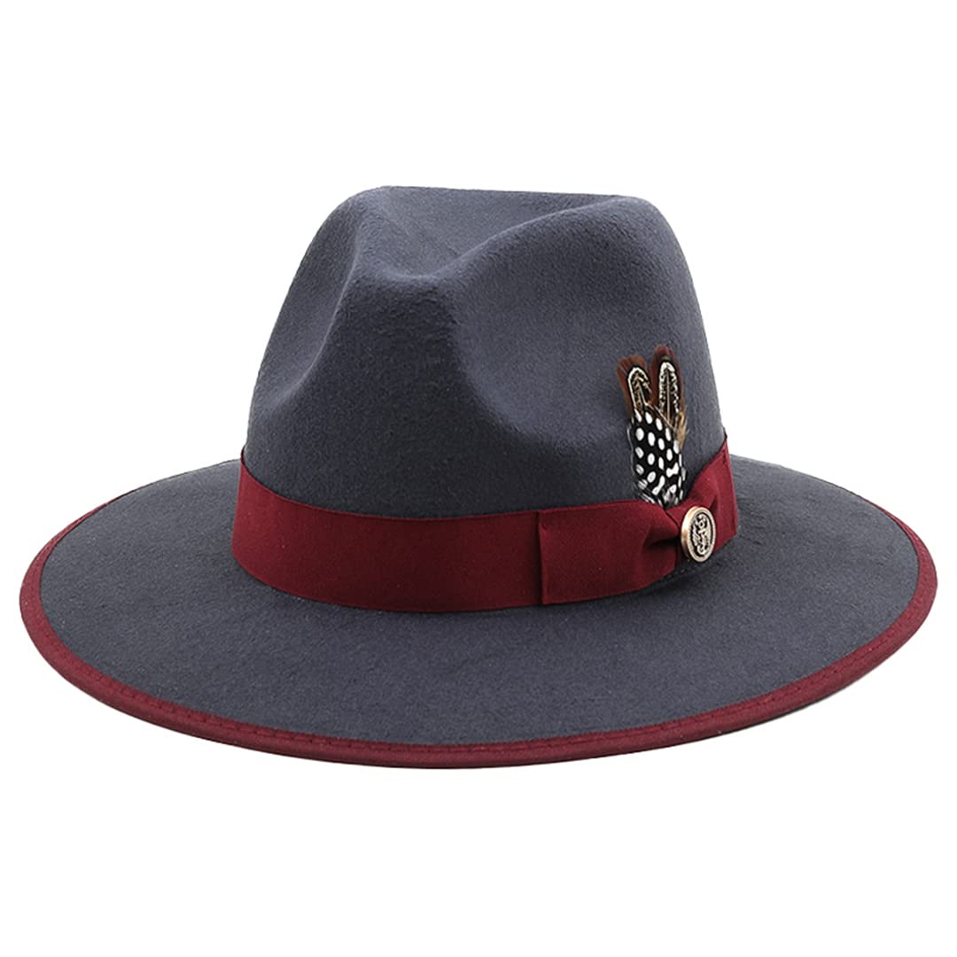 LYGBAOFUL Cappello Fedora in Feltro di Lana a Tesa Larga da Uomo con Cinture di Piume Cappello a Cilindro Jazz da Chiesa da Matrimonio