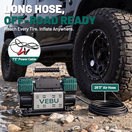 Image of Heavy Duty Air Compressor 12V Tire Inflator, Dual Cylinder 125PSI with In-line Pressure Gauge, 10.6CFM Fast Inflation for Off-road Vehicles, Trucks, SUVs, RVs, ATVs, DC Power, Corded Electric