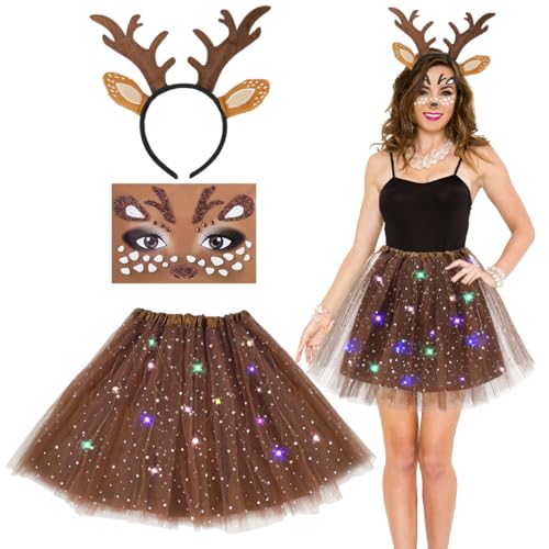 Rentier Kostüm Damen Cosplay Kostüm Set für Halloween Karneval Rentier Haarband LED Tüllrock Tattoo Aufkleber Gesicht Aufkleber Braun Tüllrock für Damen Tier Kostüm Erwachsene