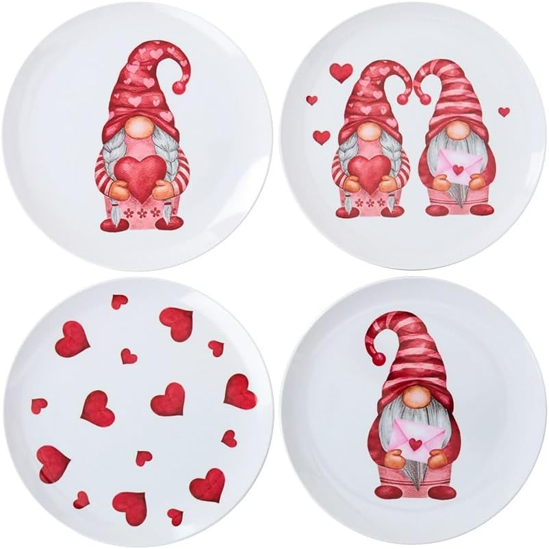 Valentine's Day Whimsical Gnome Printed Tabletop Collection - Set of 4 Melamine Plates