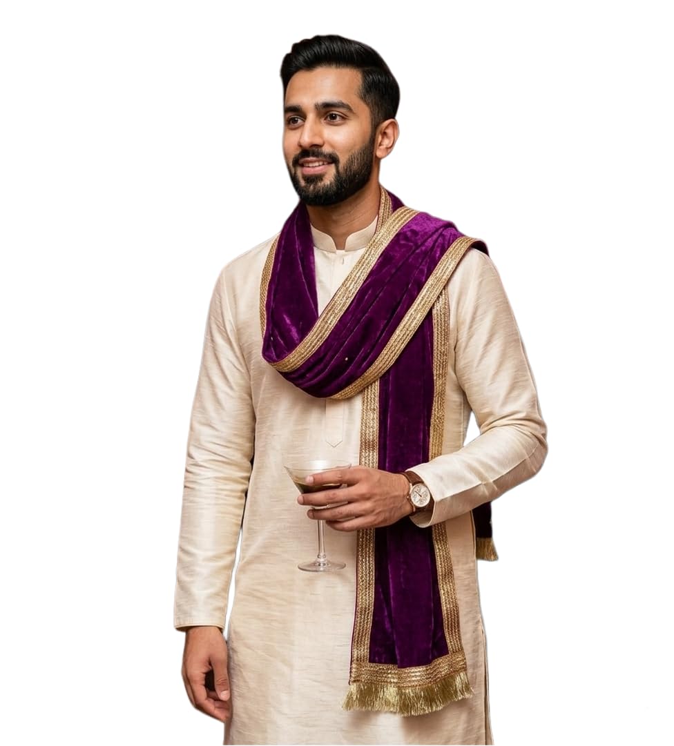 navti creations Men's Narrow Stole Dupatta in velvet for Kurta/Sherwani/Achkan/Suit (length-2.25m, Width -37cm) (Purple)-picture-45