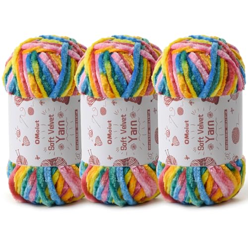Image of 3x100g Fluffy Velvet Chenille Yarn for Crocheting and Knitting, 3x87.4yd Baby Yarn for Crocheting Soft, Crochet Chunky Yarns Amigurumi Yarns(Rainbow 1