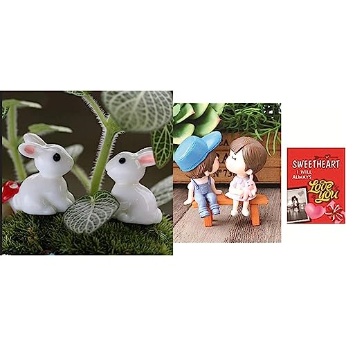 Image of Chocozone Pack of 18 Cute Rabbit Miniatures Garden Decoration Items Garden Decor - 2.5cm & Chocozone Kissing Couple on Bench Resin Showpiece Couple Miniatures Romantic Gifts for Boyfriend