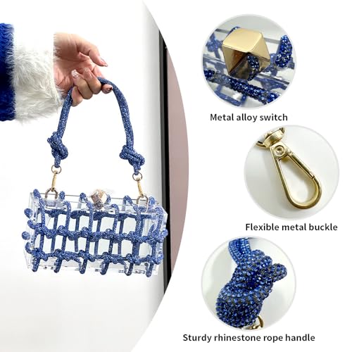 Image of Clear Acrylic Clutch, Glitter Rhinestone Purse Handbag with Bling Rope for Banquet Party (Blue)