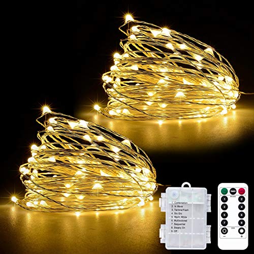 YOZATIA 2 Pack 33ft 100 LED Fairy Lights, Battery Operated String Lights, Waterproof Twinkle String Lights, Copper Wire Firefly Lights with Remote Control Timer, Warm White