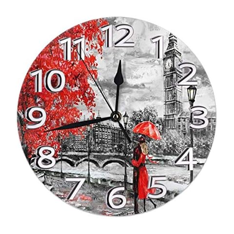 Oil Painting on Canvas Street of London Round Wall Clock Silent Non Ticking Battery Operated Easy to Read for Student Office School Home Decorative Clock Art Cover
