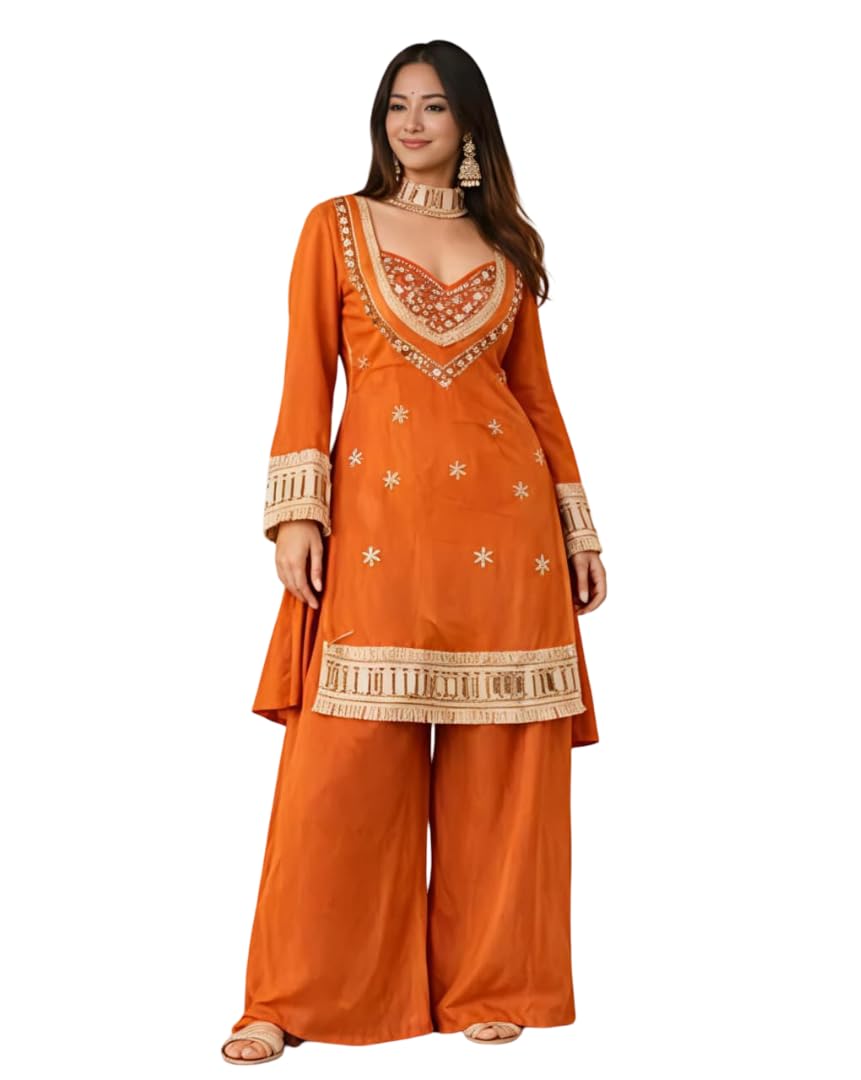 Premium Chinon Embroidery Mirror Work Kurta Palazzo Set with Dupatta for Women-picture-22