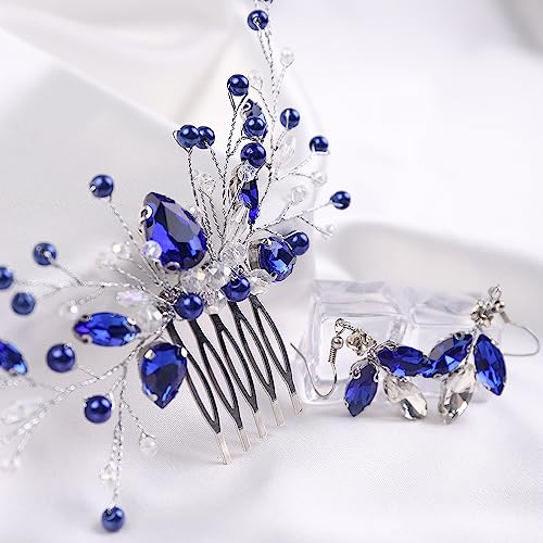 Chargances Bridal Sapphire Crystal Blue Dangle Earring and Hair Comb Set Silver Wedding Hair Accessory Hair Comb Piece Gift for Her Party Headpiece for Bride Bridesmaid Girls - Image 4