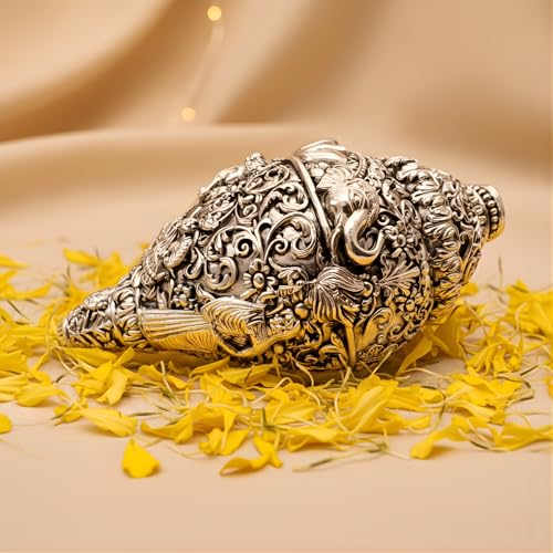 Image of 999 Pure Silver Plated Ganesh Shankh | 6 Inch Grand Vastu Showpiece for Success & Wealth | Sacred Conch Shell Idol for Home Temple & Altar